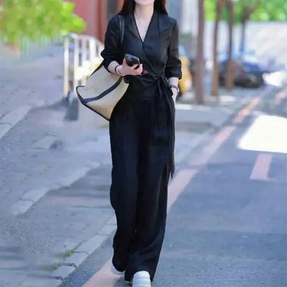 Women’s Elegant Wrap Blouse & Wide Leg Pants Set