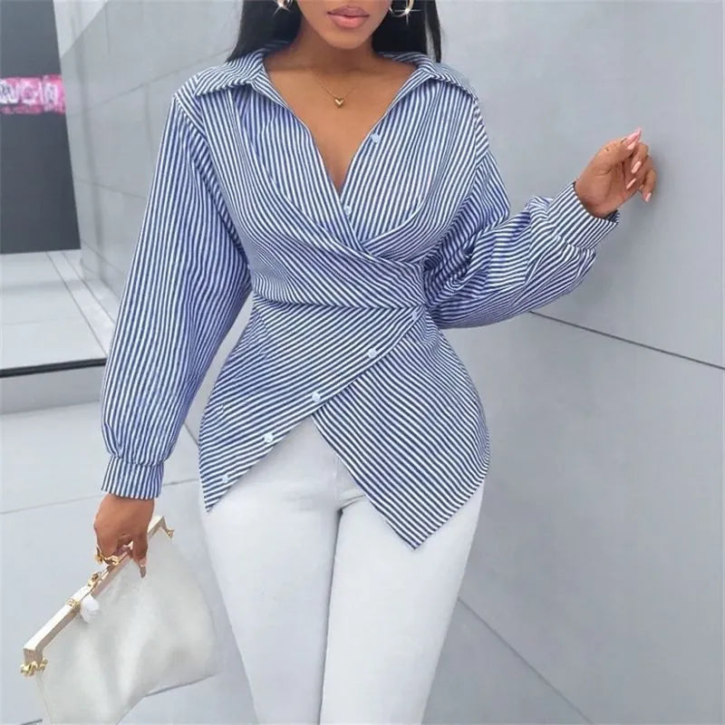 Women’s Striped Wrap Tie-Back Blouse