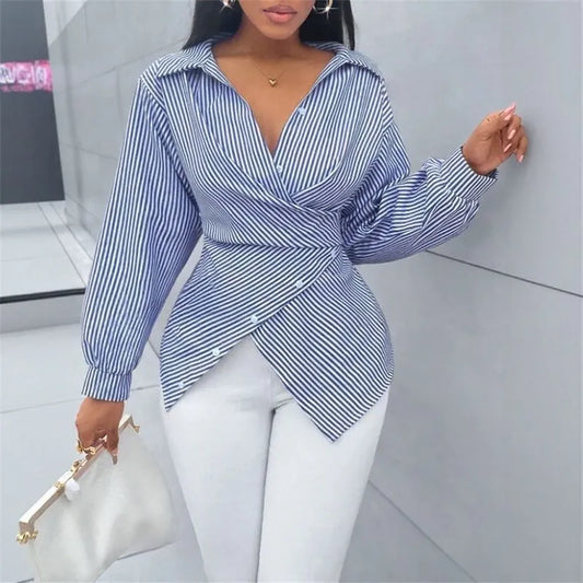Women’s Striped Wrap Tie-Back Blouse