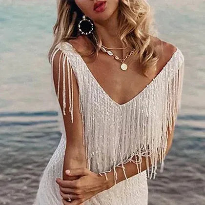 Fringe Sequin V-Neck Party Dress
