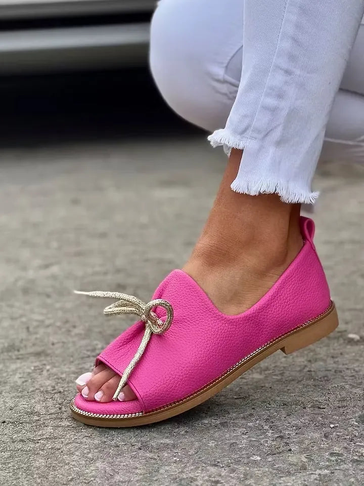 Women's Bow Accent Open-Toe Slip-On Flats