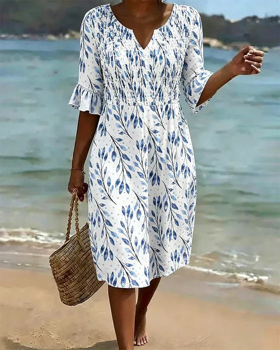 Women’s Smocked Printed Midi Dress with Ruffle Sleeves