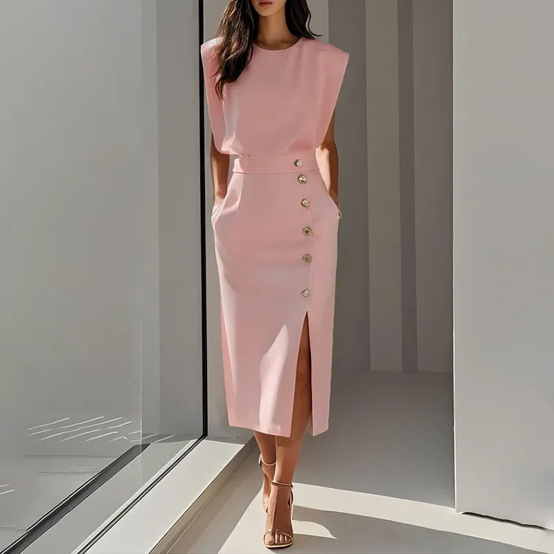 Women’s Side Button Slit Midi Dress