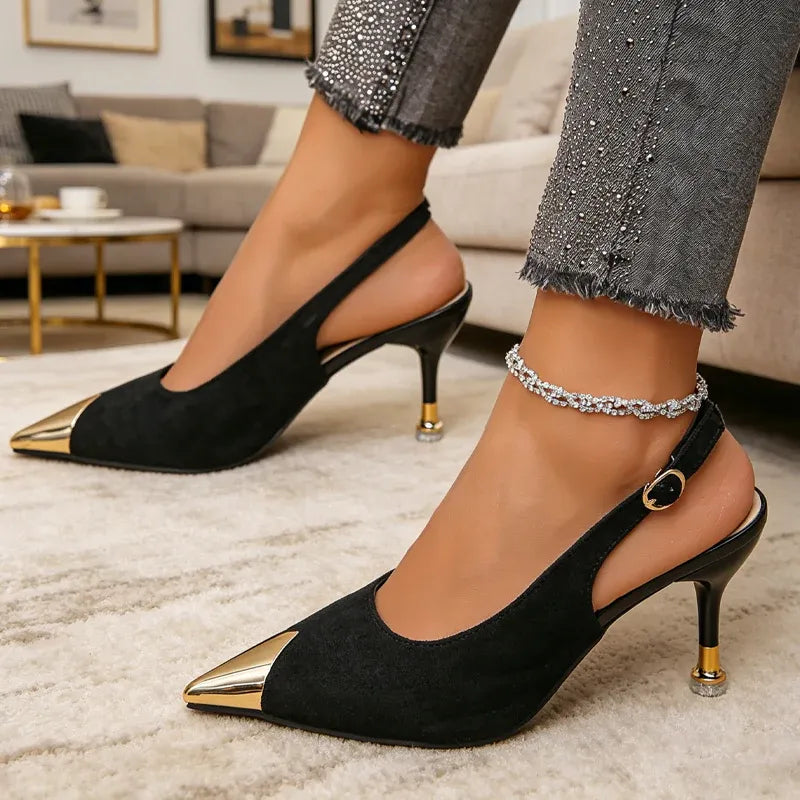 Women’s Pointed Toe Slingback Kitten Heels with Metal Cap