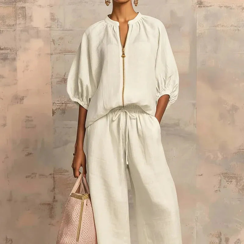 Women’s Puff Sleeve Top and Wide-Leg Pants Set
