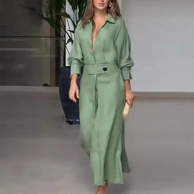 Women’s Belted Button-Front Maxi Shirt Dress