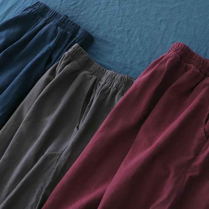 Casual Elastic Waist Cotton-Linen Pants with Pockets