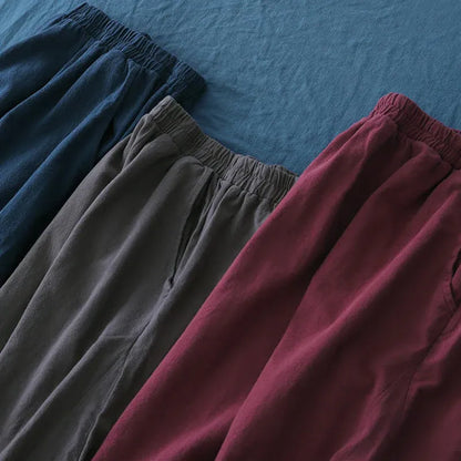 Casual Elastic Waist Cotton-Linen Pants with Pockets