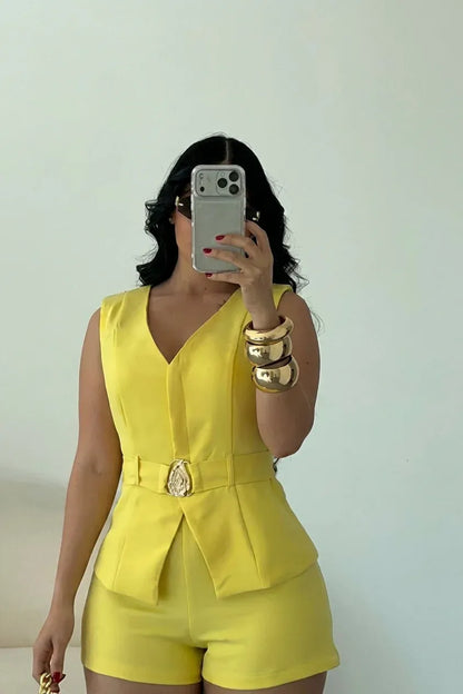 Women's Belted Sleeveless Blazer Shorts Set