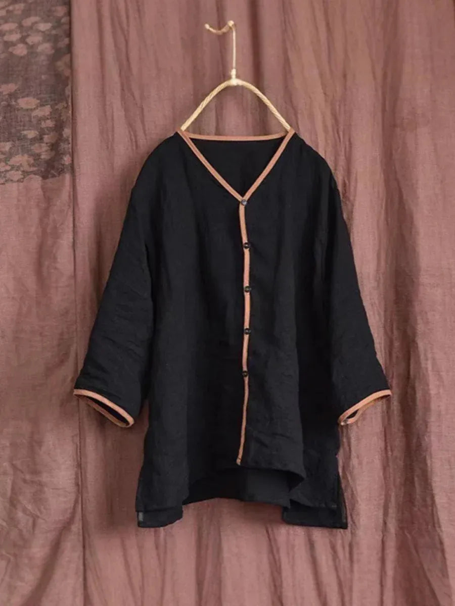 Women’s Contrast Trim Button-Up Cotton Linen Shirt