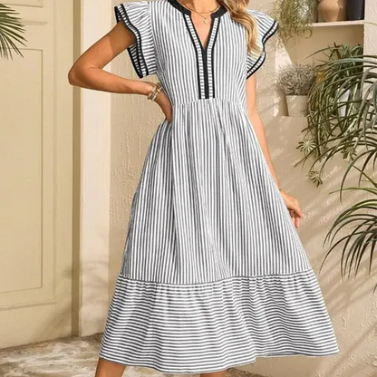 Women’s Striped V-Neck Flutter Sleeve Midi Dress