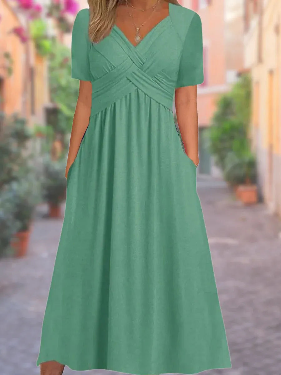 Women’s Ruched V-Neck Maxi Dress with Pockets