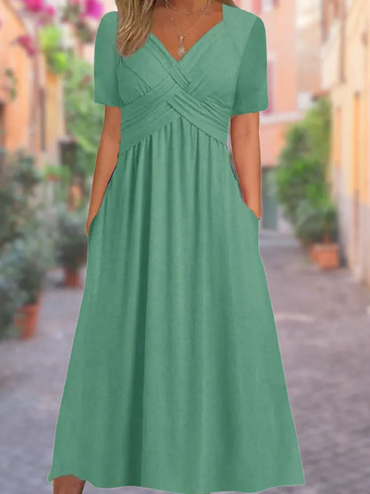 Women’s Ruched V-Neck Maxi Dress with Pockets