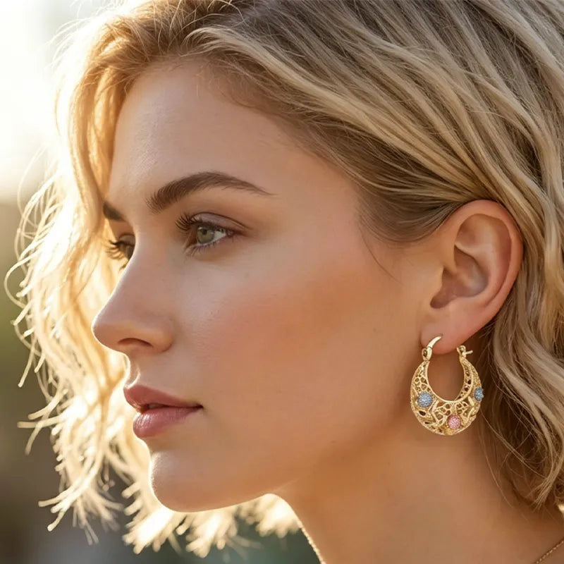 Women's Enamel Flower Crescent Hoop Earrings