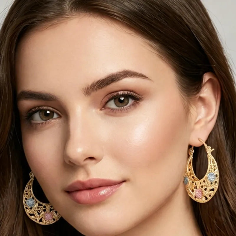 Women's Enamel Flower Crescent Hoop Earrings