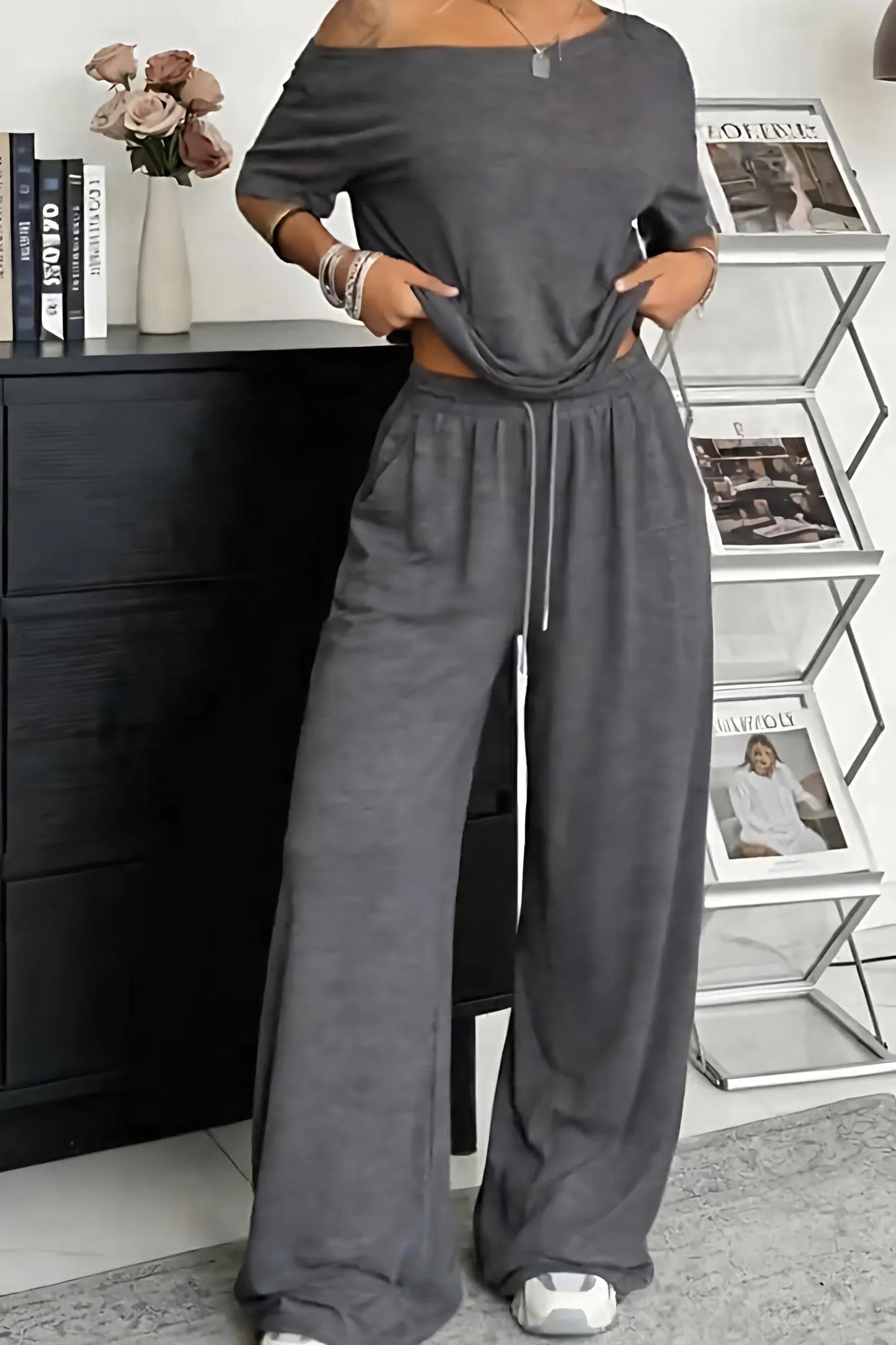 Women’s Off-Shoulder Lounge Top and Wide-Leg Pants Set