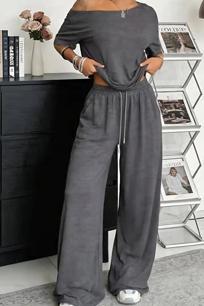 Women’s Off-Shoulder Lounge Top and Wide-Leg Pants Set