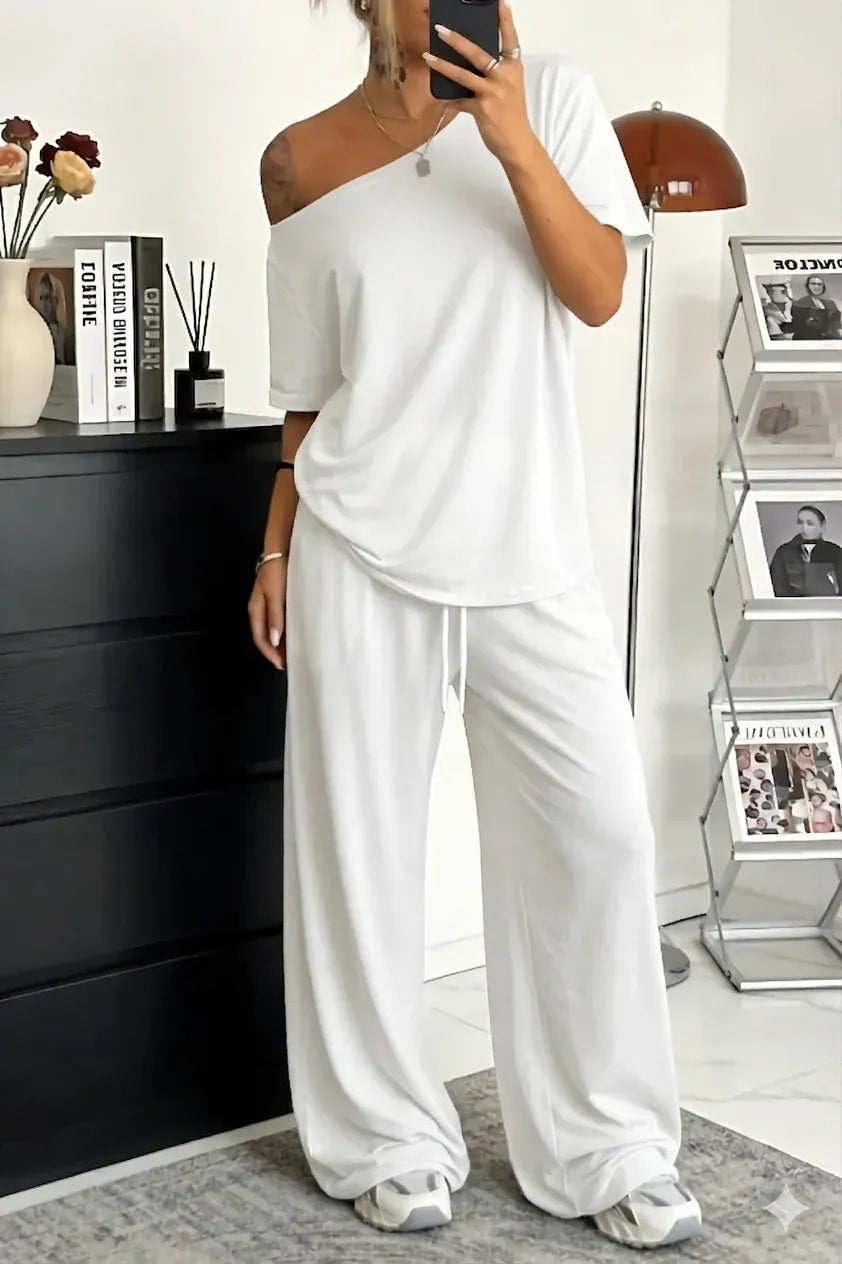 Women’s Off-Shoulder Lounge Top and Wide-Leg Pants Set