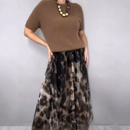 Women’s Short-Sleeve Knit Top and Leopard Print Maxi Skirt Set