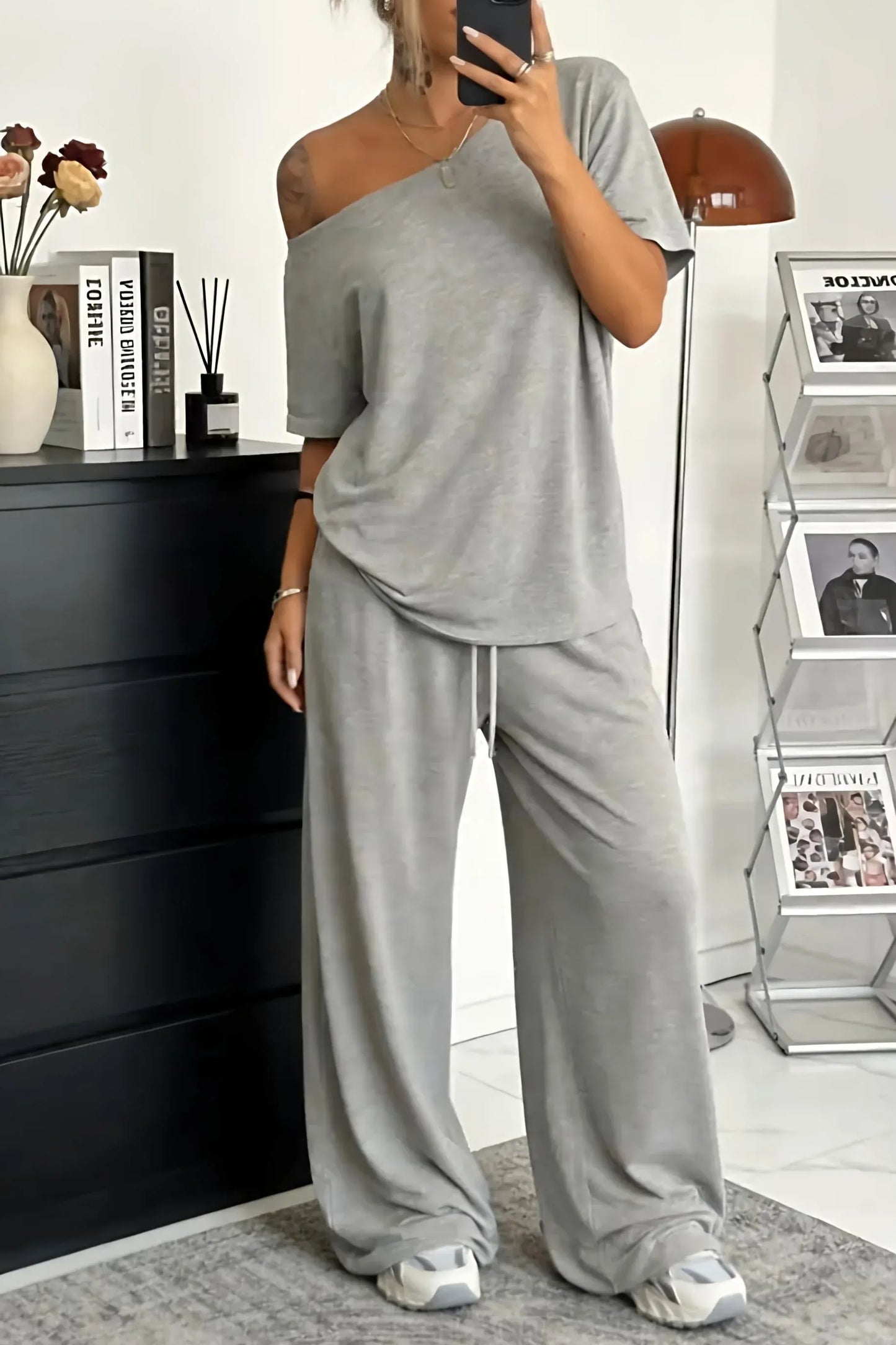 Women’s Off-Shoulder Lounge Top and Wide-Leg Pants Set