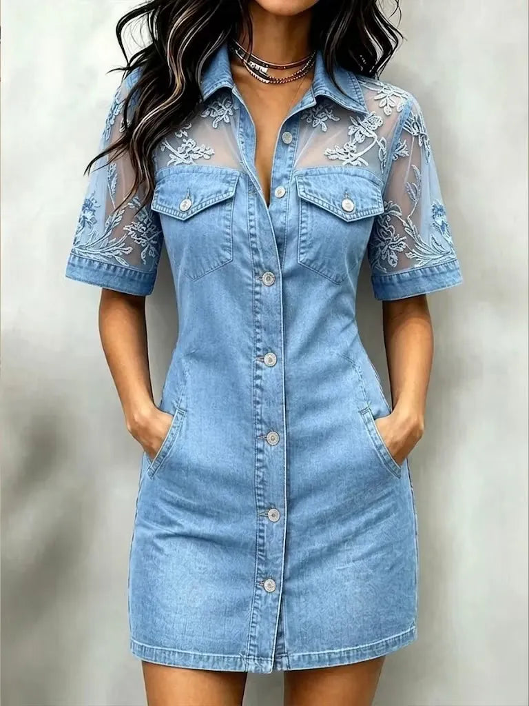Women's Lace Mesh Denim Shirt Dress