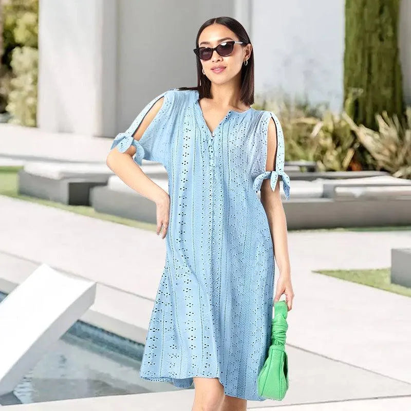 Women’s Eyelet V-Neck Tie-Sleeve Dress