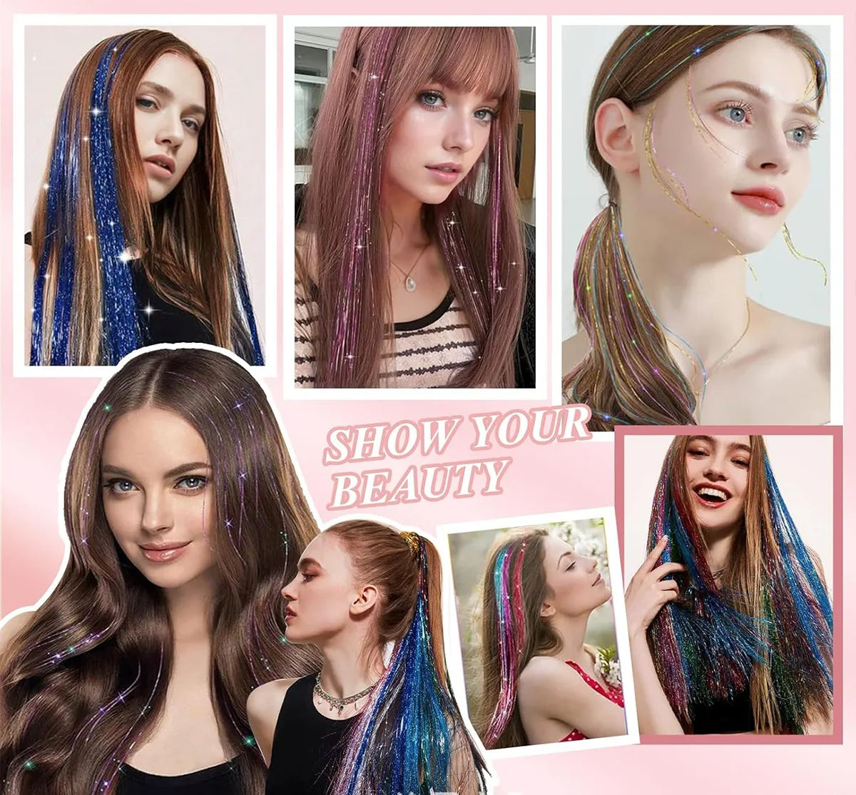 12-Pack Clip-In Sparkle Hair Tinsel Strands