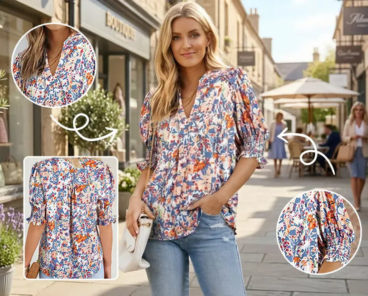 Women’s Floral Split Neck Puff Sleeve Blouse
