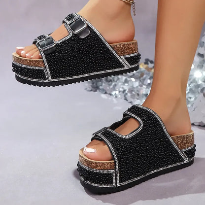 Rhinestone Buckle Platform Slide Sandals