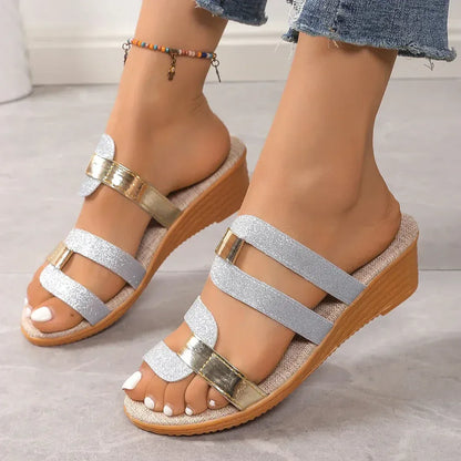 Women’s Metallic Strap Comfort Slide Sandals