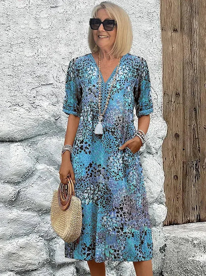 Women’s Printed V-Neck Relaxed Midi Dress