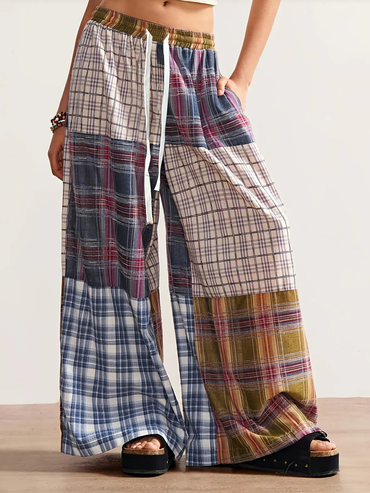 Women’s Patchwork Plaid Wide-Leg Pants