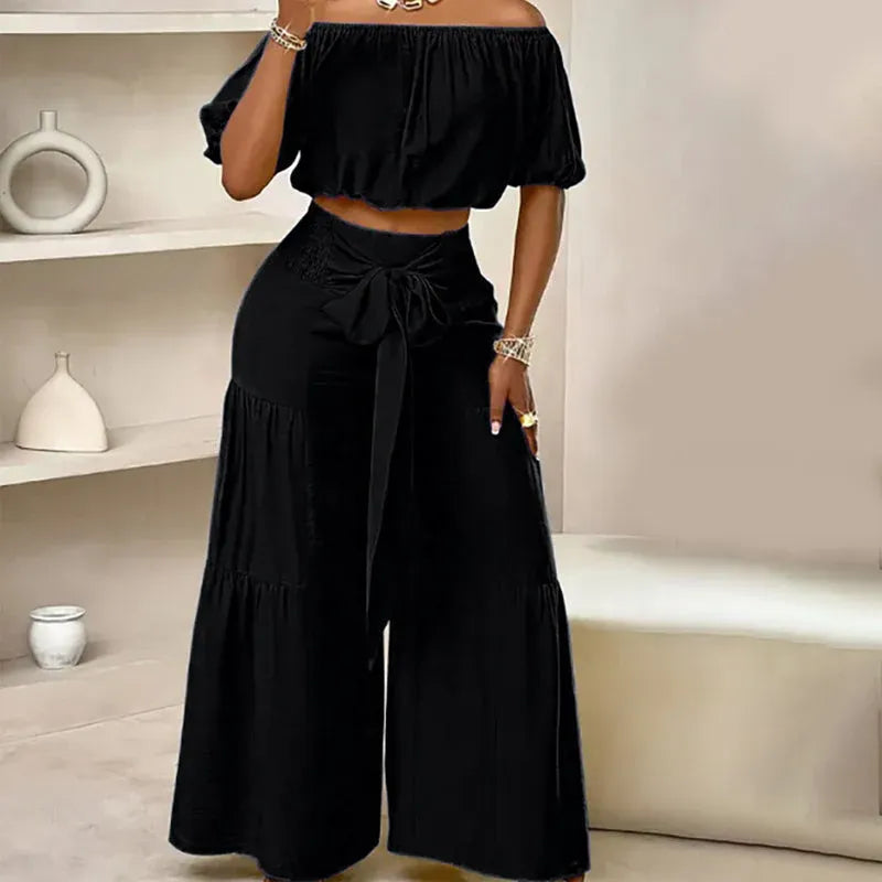 Women’s Off-Shoulder Crop Top & Wide-Leg Pants Set