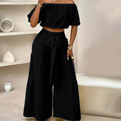 Women’s Off-Shoulder Crop Top & Wide-Leg Pants Set