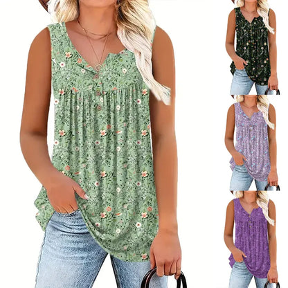 Women’s Floral Print Sleeveless Button Front Top