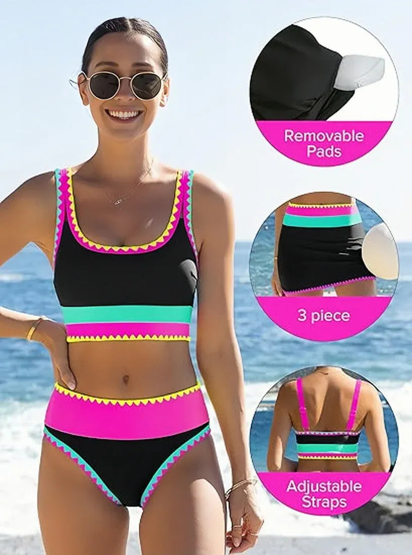 Color Block Sporty 3-Piece Bikini Set with High-Waisted Bottom & Cover Skirt