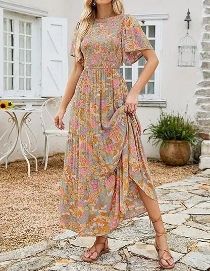 Women’s Floral Smocked High-Waist Maxi Dress