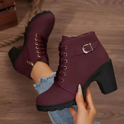 Women’s Lace-Up Buckle Block Heel Ankle Boots