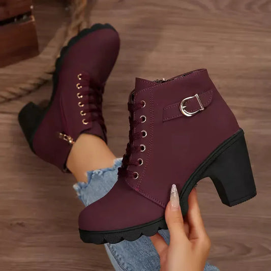 Women’s Lace-Up Buckle Block Heel Ankle Boots