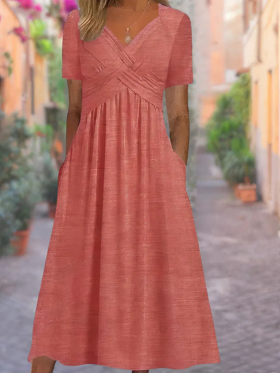 Women’s Ruched V-Neck Maxi Dress with Pockets