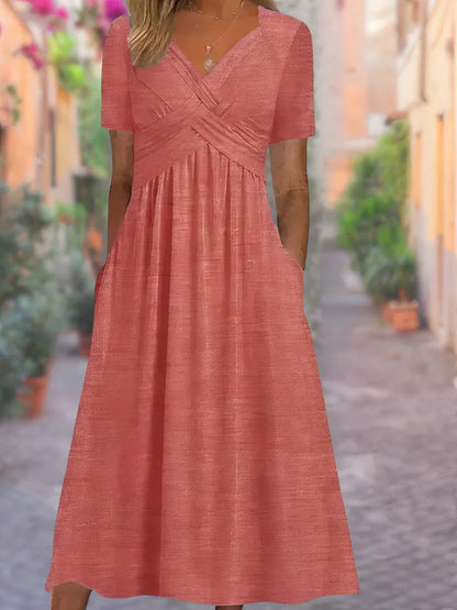 Women’s Ruched V-Neck Maxi Dress with Pockets