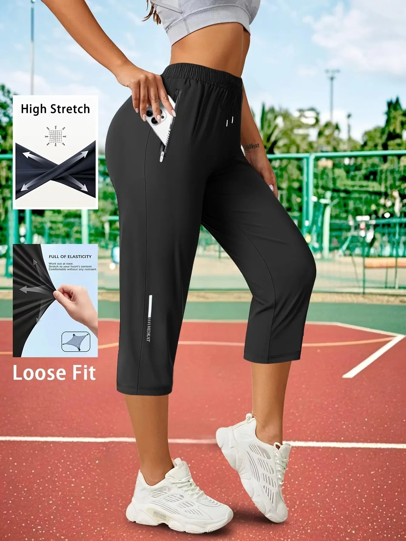 Women's Loose Fit Capri Pants with Zipper Pockets