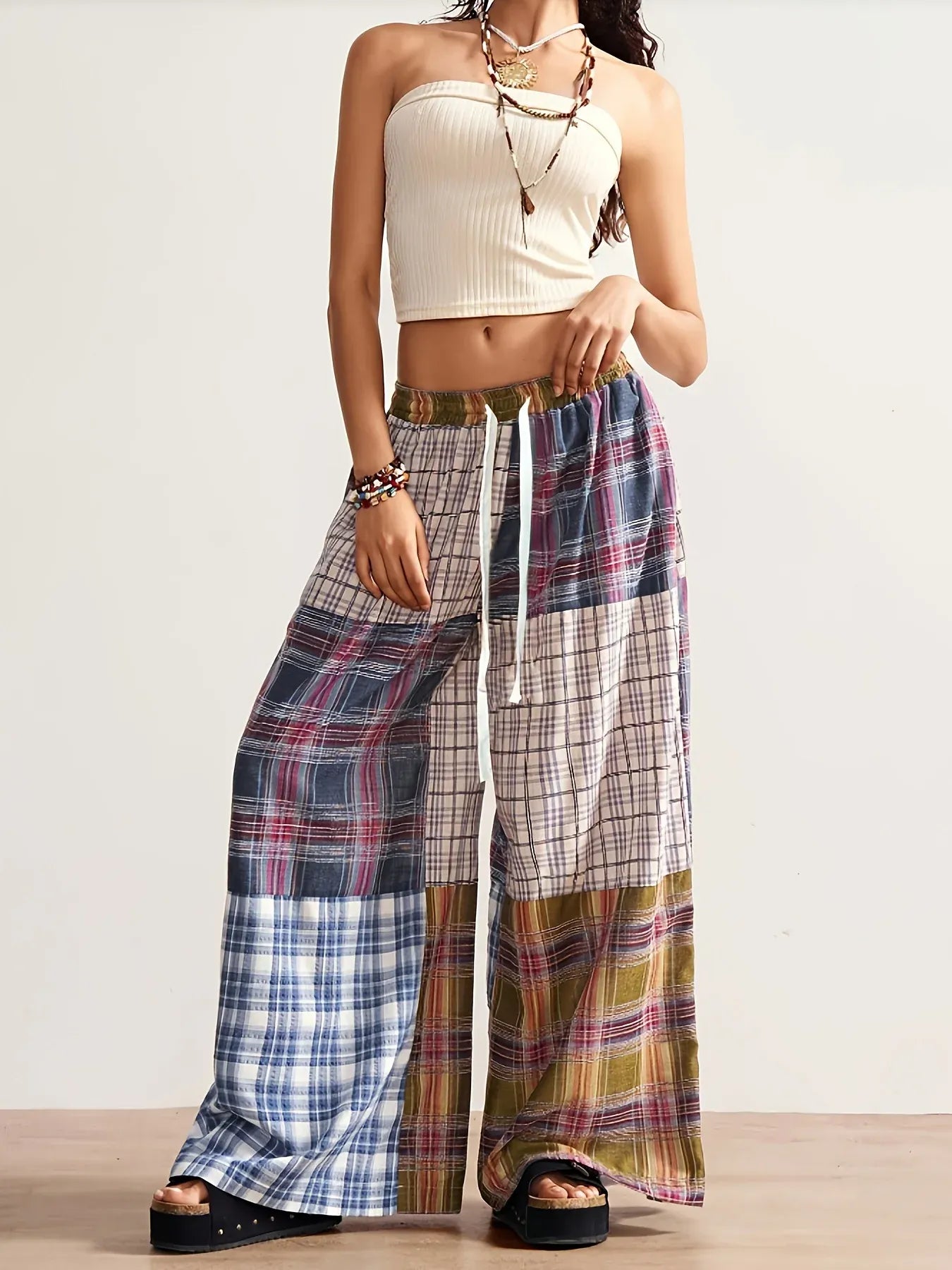 Women’s Patchwork Plaid Wide-Leg Pants