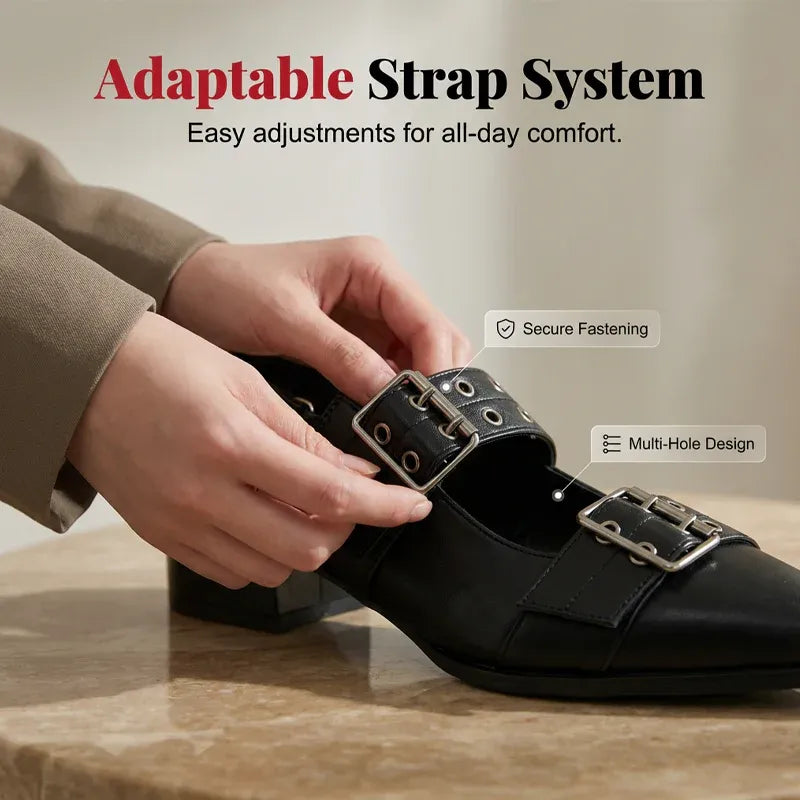 Women’s Pointed Toe Buckle Strap Low Heel Shoes