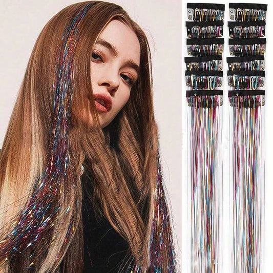 12-Pack Clip-In Sparkle Hair Tinsel Strands