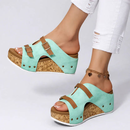 Adjustable Strap Cork Platform Slide Sandals