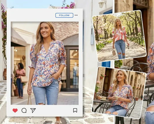 Women’s Floral Split Neck Puff Sleeve Blouse