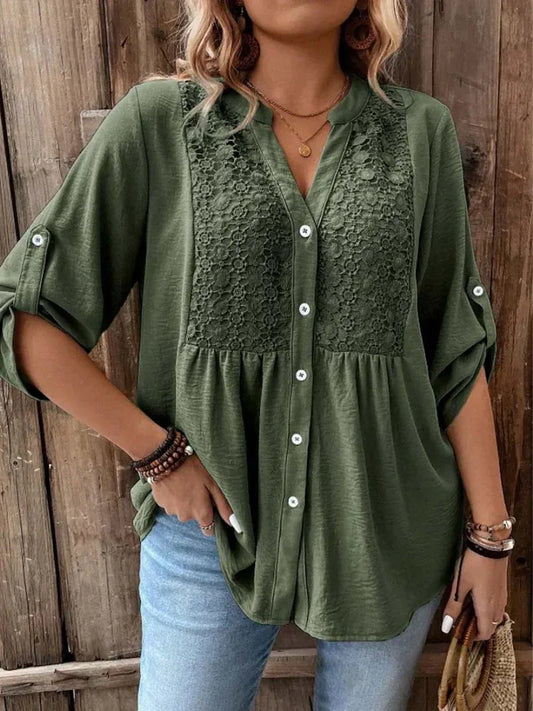 Women’s Lace Detail Button-Down Relaxed Fit Blouse