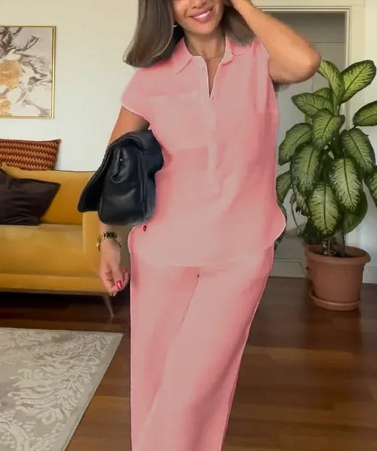 Women’s Summer Linen Shirt and Wide-Leg Pants Set