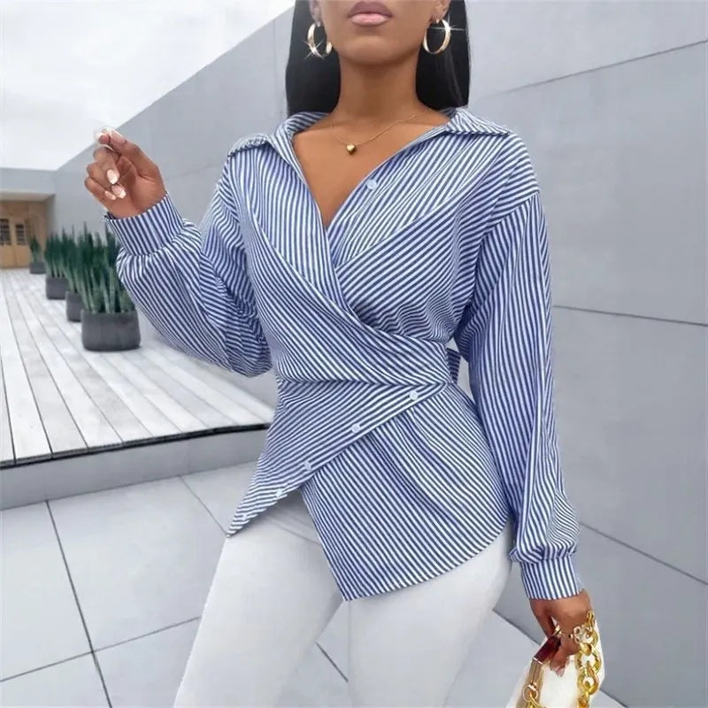 Women’s Striped Wrap Tie-Back Blouse